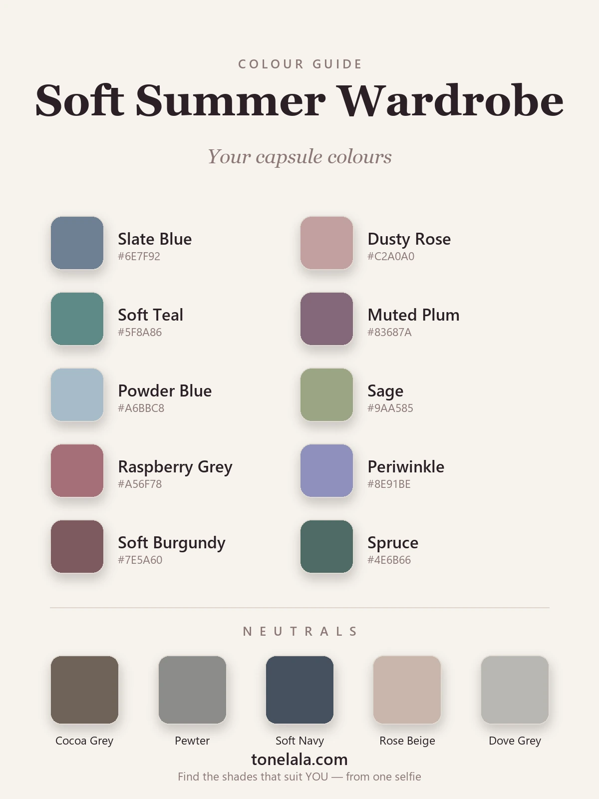 Soft Summer wardrobe colours: muted, cool, low-contrast swatches, by ToneLala