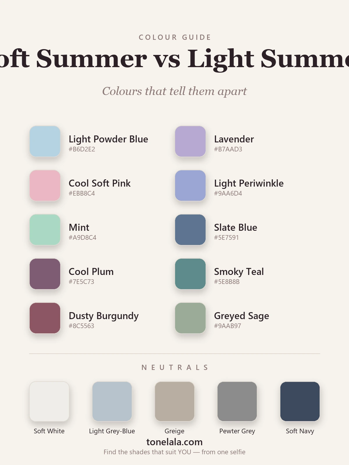 Colour palette chart separating Soft Summer and Light Summer with hex codes — muted slate, dusty plum and smoky teal against light powder blue, soft rose and lavender, by ToneLala