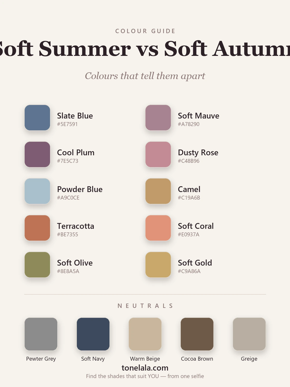 Colour swatches separating Soft Summer from Soft Autumn with hex codes — cool slate blue, mauve and soft plum against warm camel, terracotta and soft olive, by ToneLala
