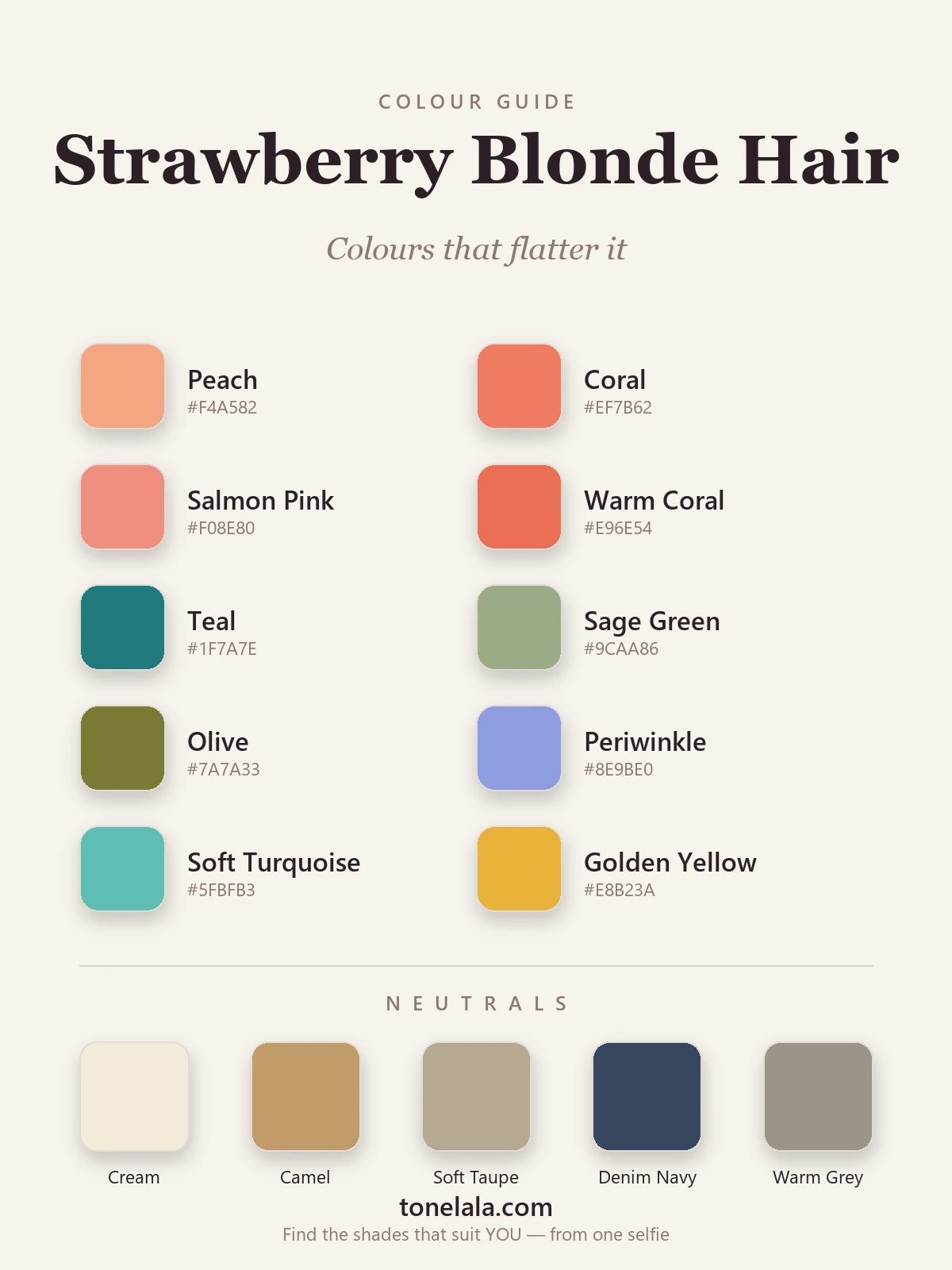 The best outfit colours for strawberry blonde hair with hex codes — peach, coral, salmon pink, warm coral, teal, sage green, olive, periwinkle, soft turquoise and golden yellow, with cream, camel, soft taupe, denim navy and warm grey neutrals, by ToneLala