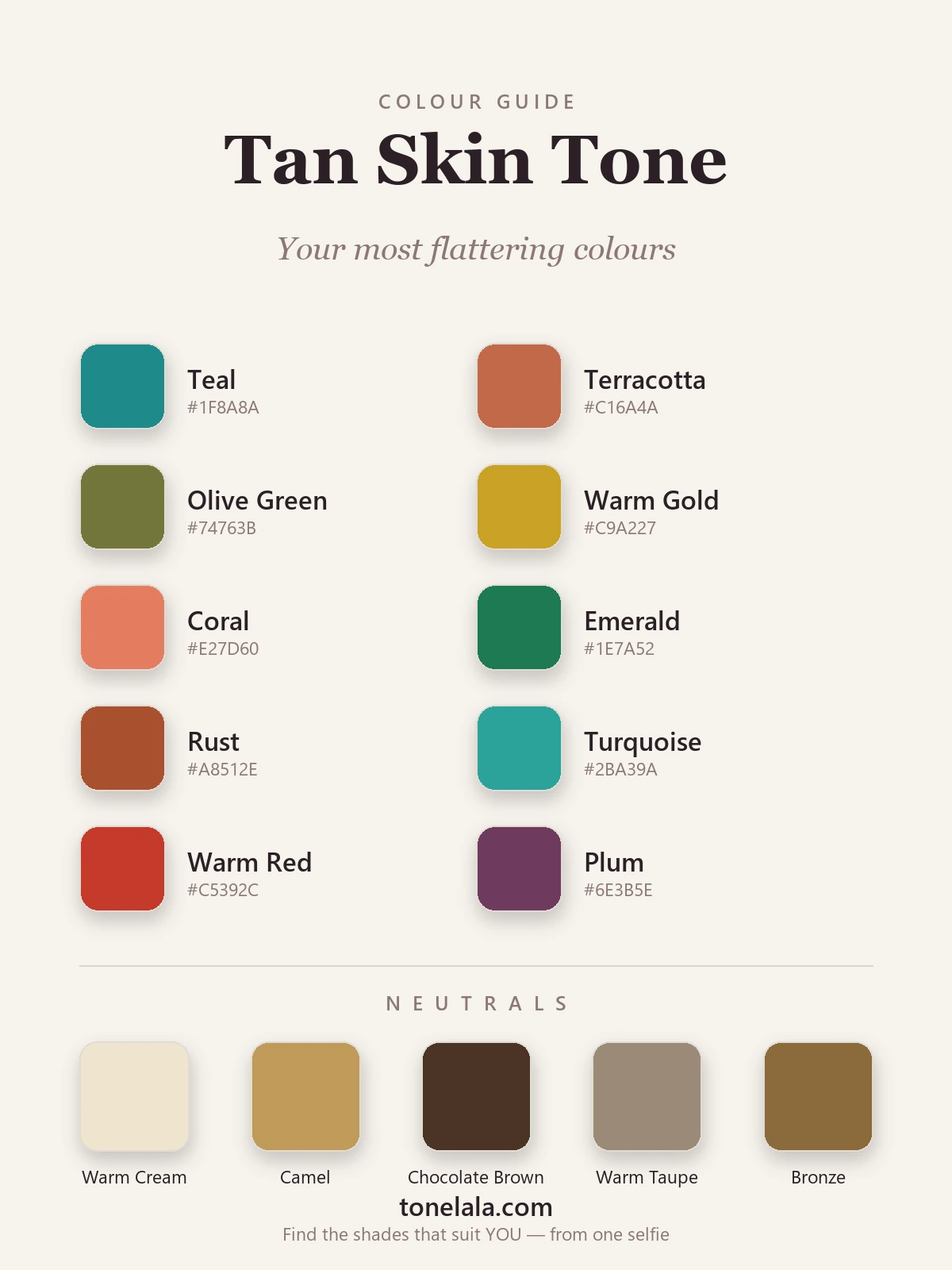 Colour palette for tan skin tone with hex codes — teal, terracotta, olive, warm gold, coral, emerald, rust, turquoise, warm red and plum, with warm cream, camel, chocolate, warm taupe and bronze neutrals, by ToneLala