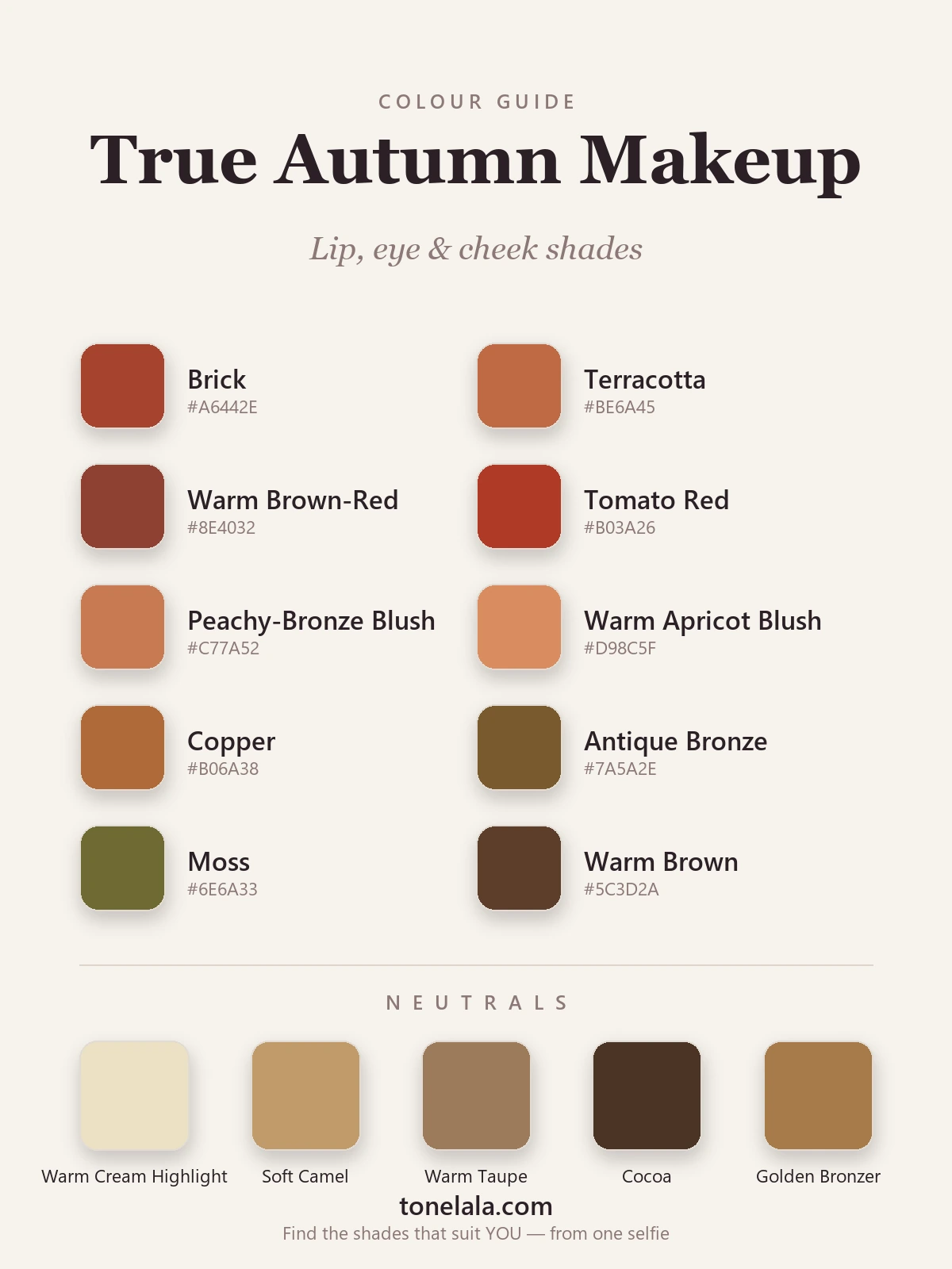 True Autumn makeup palette with hex codes — brick, terracotta and warm brown-red lips, peachy-bronze and warm apricot blush, copper, bronze, moss and warm brown eyes, by ToneLala
