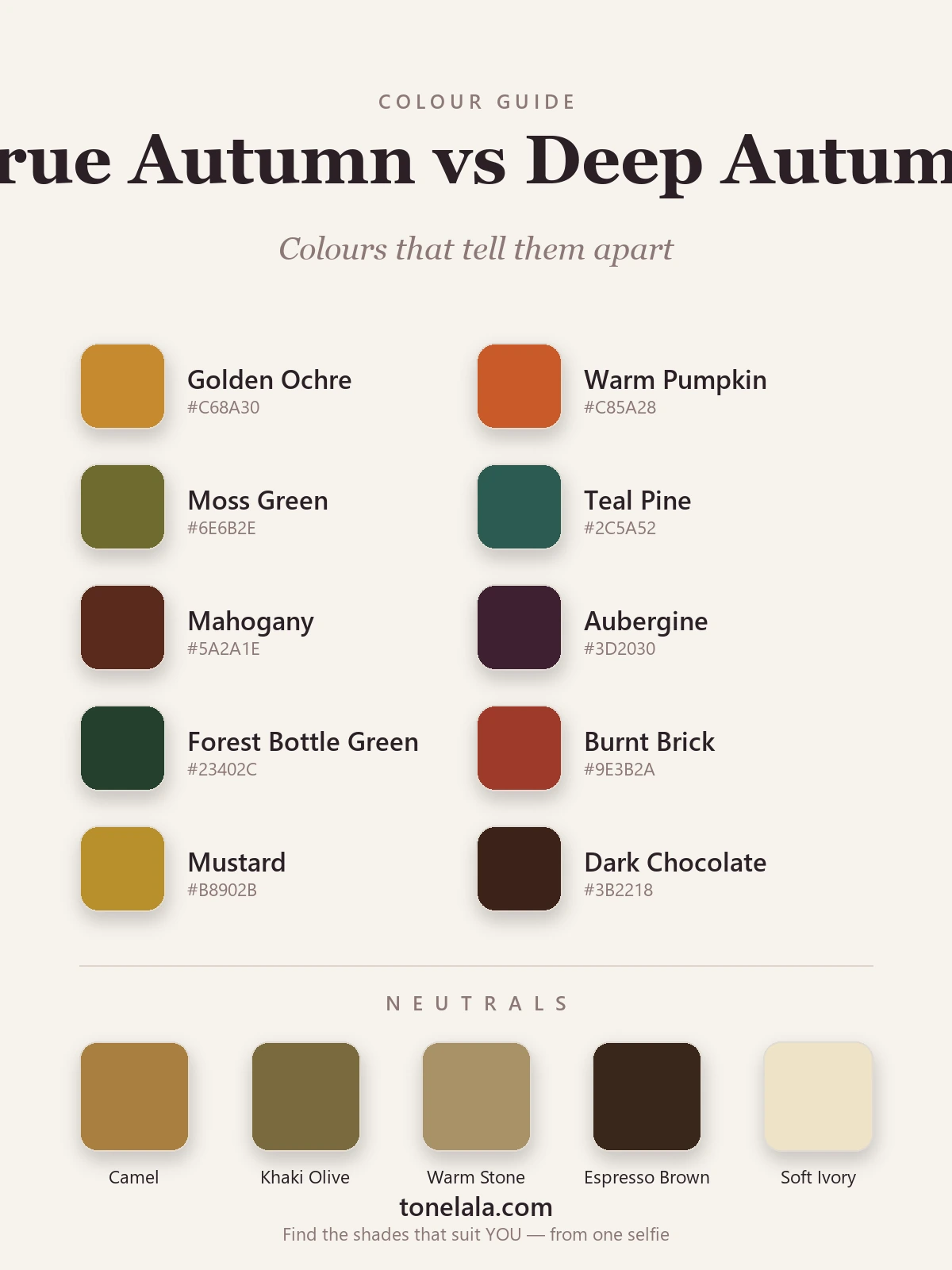 Swatch grid of colours separating True Autumn and Deep Autumn, by ToneLala