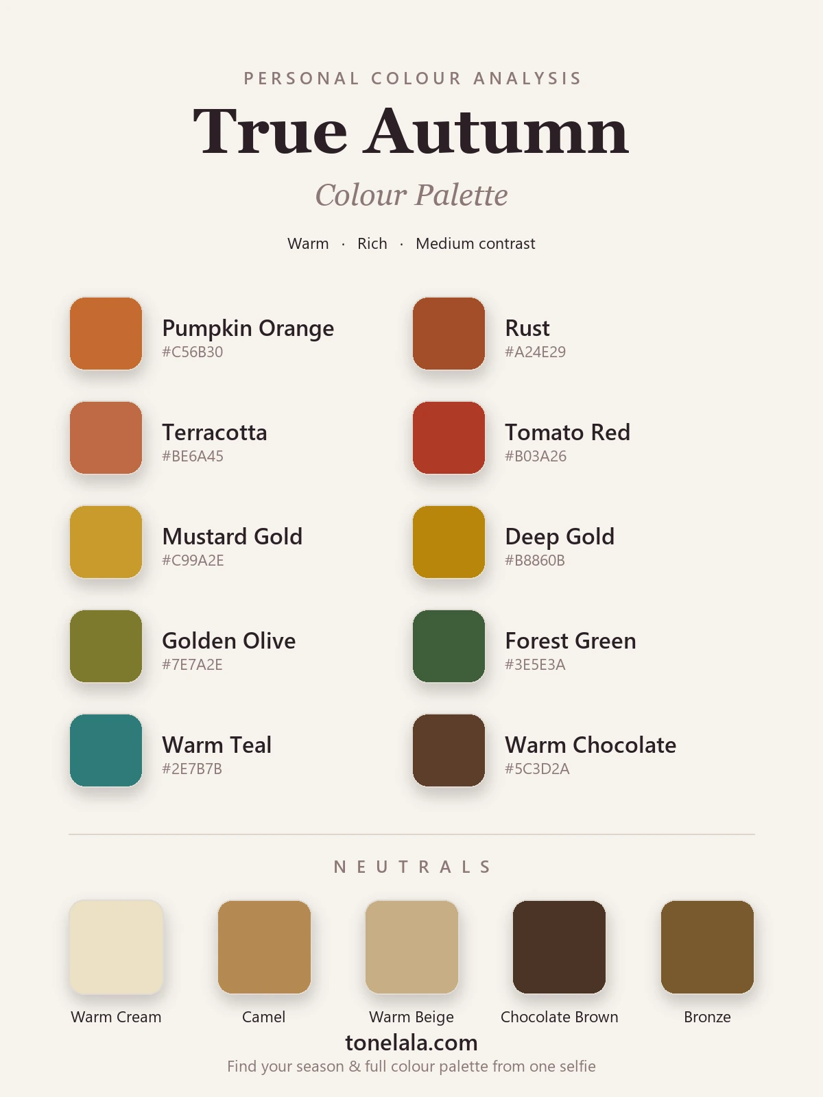 True Autumn colour palette chart with hex codes — pumpkin, rust, golden olive, mustard gold, forest green and warm teal, with warm cream, camel and chocolate-brown neutrals, by ToneLala