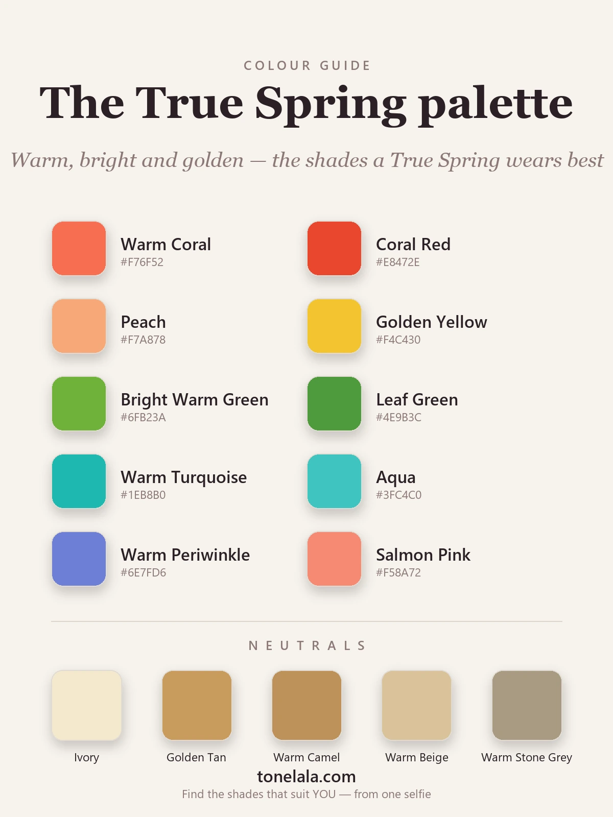 True Spring colour palette of warm, clear corals, golden yellows, fresh greens and turquoise with warm neutrals, by ToneLala