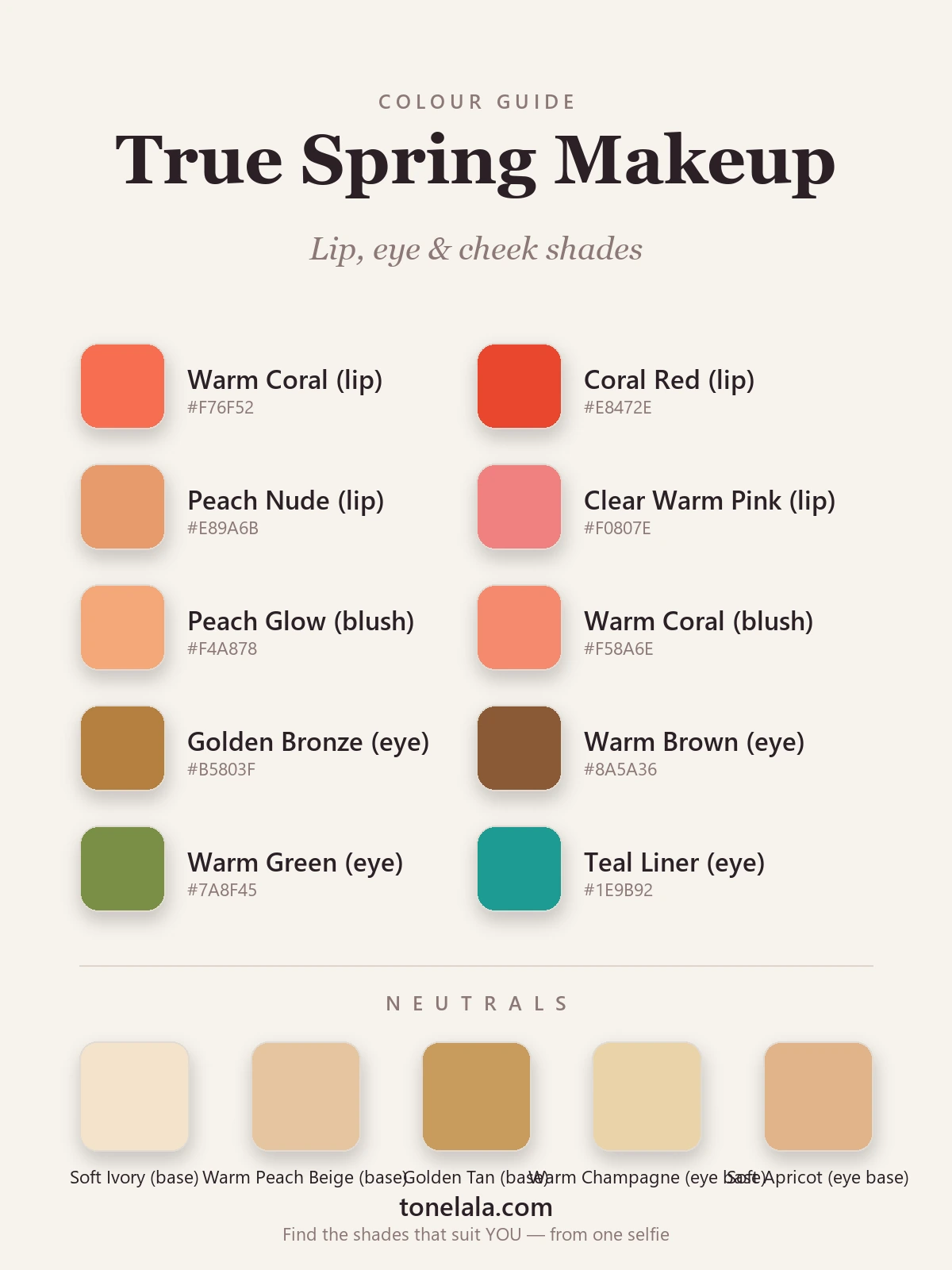 A True Spring makeup palette with hex codes — warm coral, peach and clear warm pink lips, peach and coral blush, and golden bronze, warm brown and warm green eyeshadows, by ToneLala