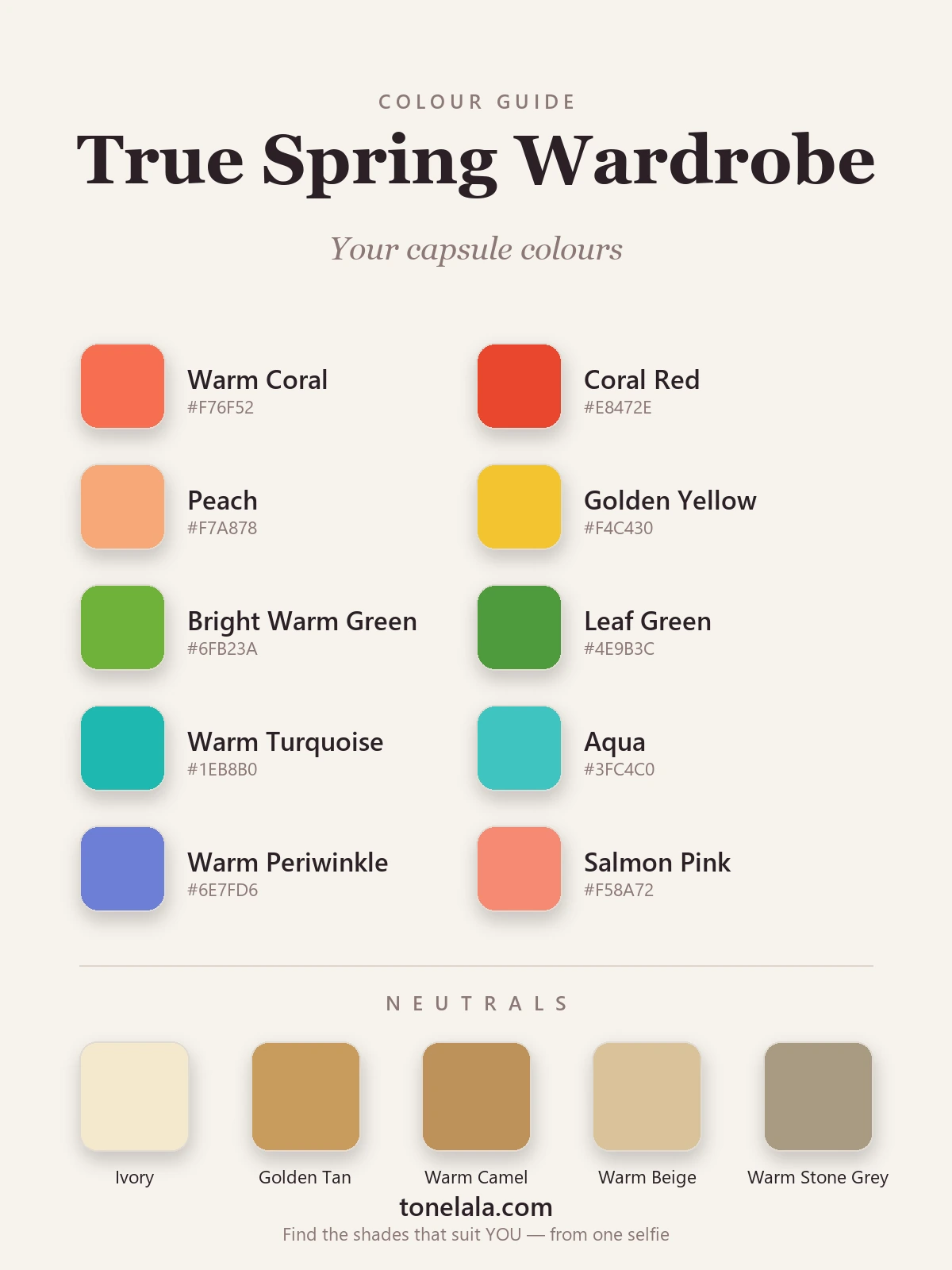 True Spring wardrobe colours with hex codes — warm coral, golden yellow, leaf green and warm turquoise with ivory, golden tan and camel neutrals, by ToneLala