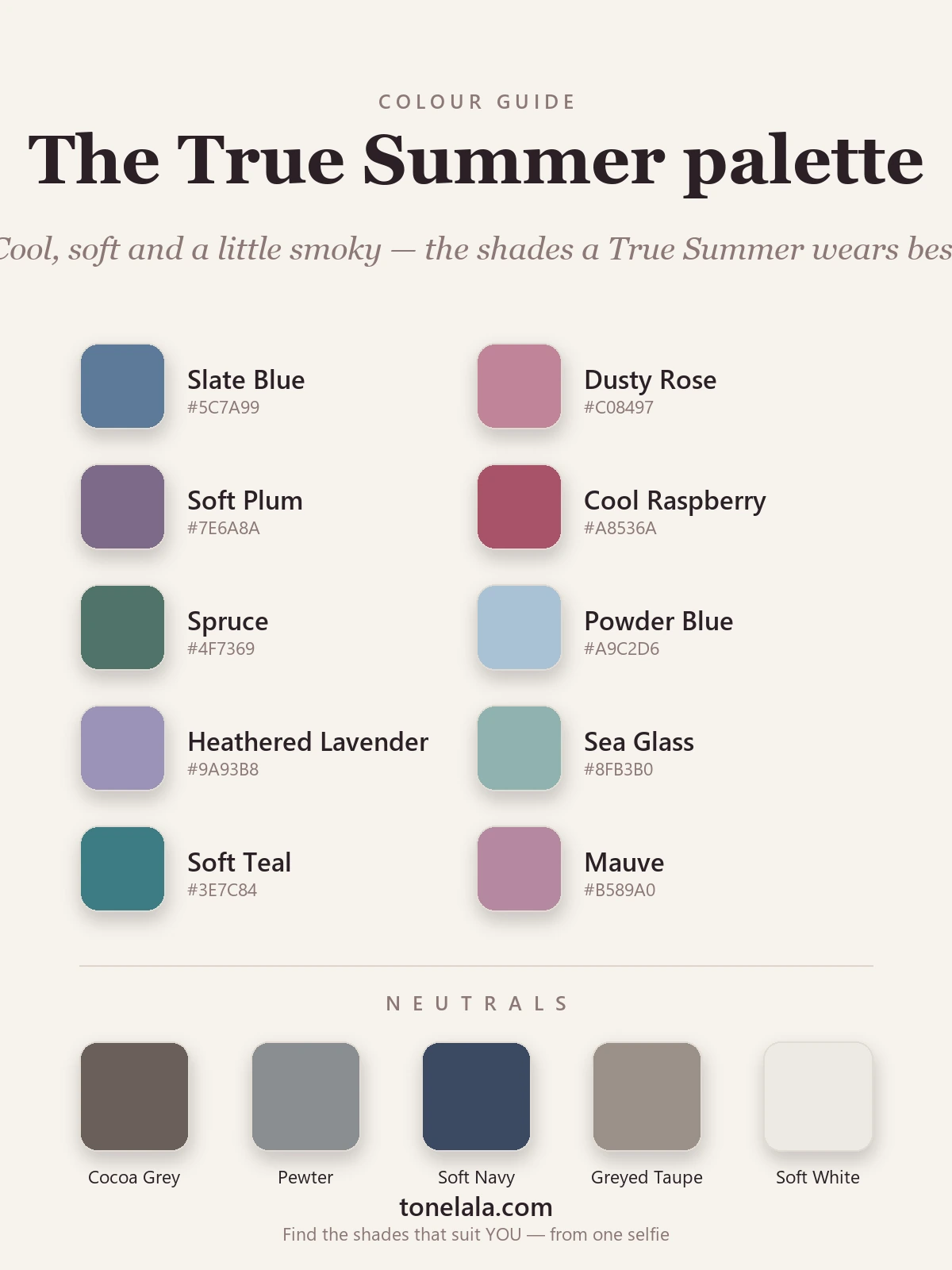 True Summer colour palette of cool, muted blues, roses and greys with soft neutrals, by ToneLala