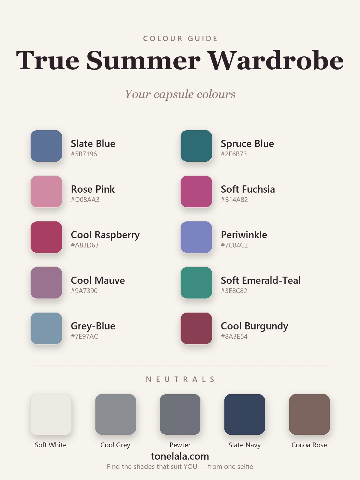 True Summer wardrobe colours with hex codes — spruce blue, soft fuchsia, rose pink, periwinkle and cool raspberry with cool grey and slate navy neutrals, by ToneLala