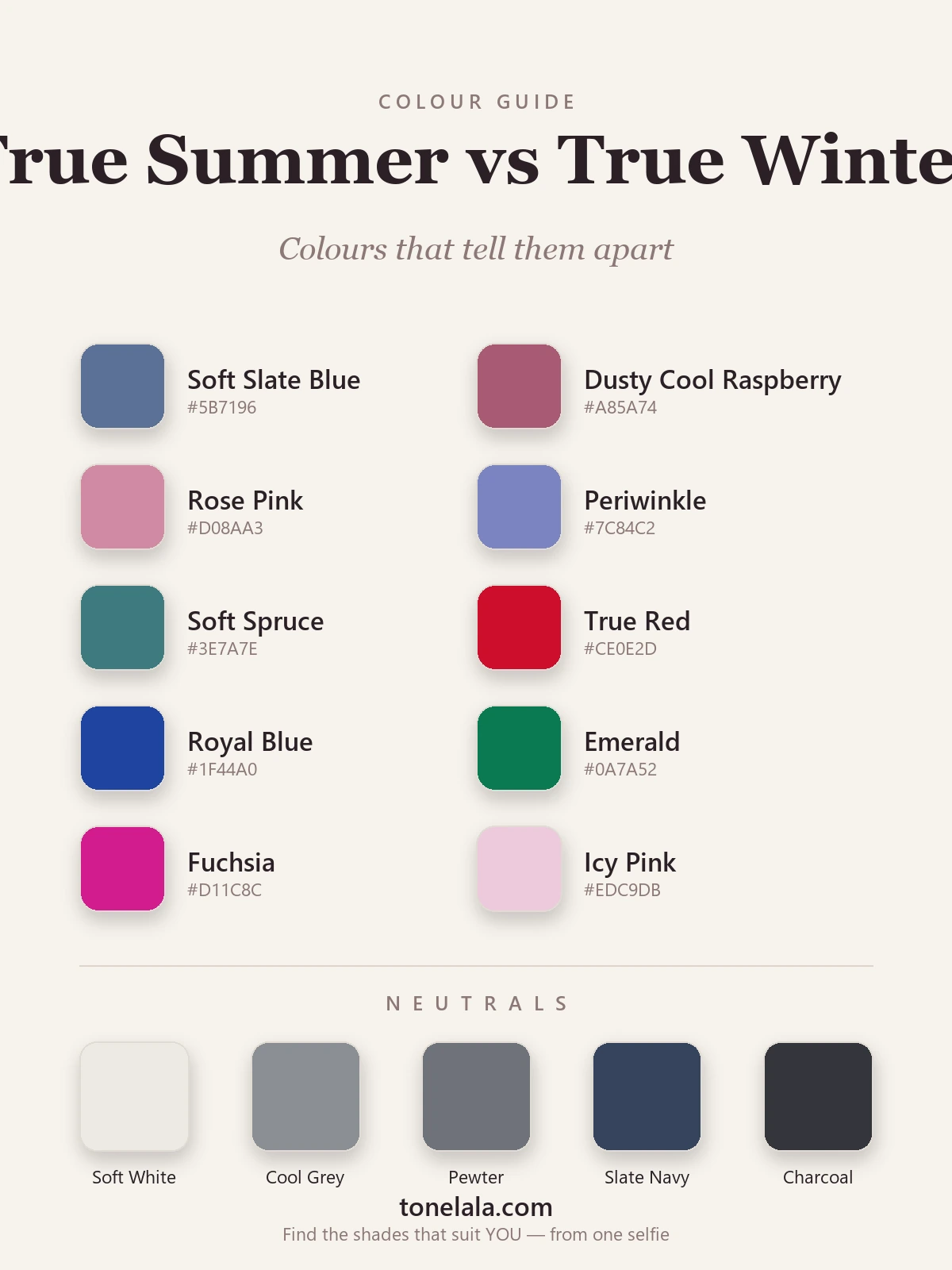 Colour palette chart separating True Summer and True Winter with hex codes — soft slate blue, dusty cool raspberry and rose pink for True Summer beside saturated true red, royal blue and emerald for True Winter, by ToneLala