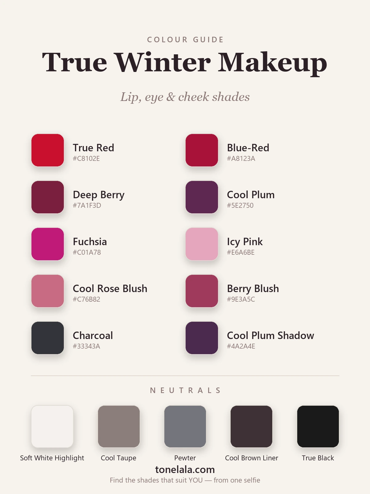 True Winter makeup palette with hex codes — true red, icy pink, deep berry and cool plum lips, blush and eye shades, by ToneLala