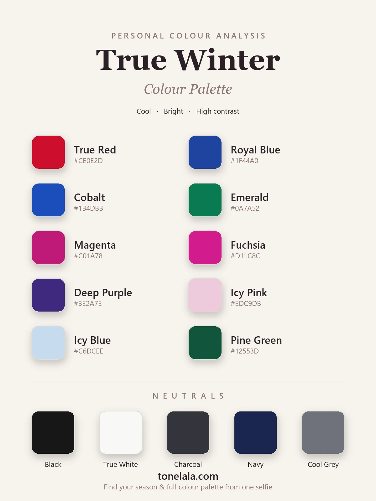 True Winter colour palette chart with hex codes — true red, royal blue, emerald, fuchsia and icy pastels, with black, true white and cool grey neutrals, by ToneLala
