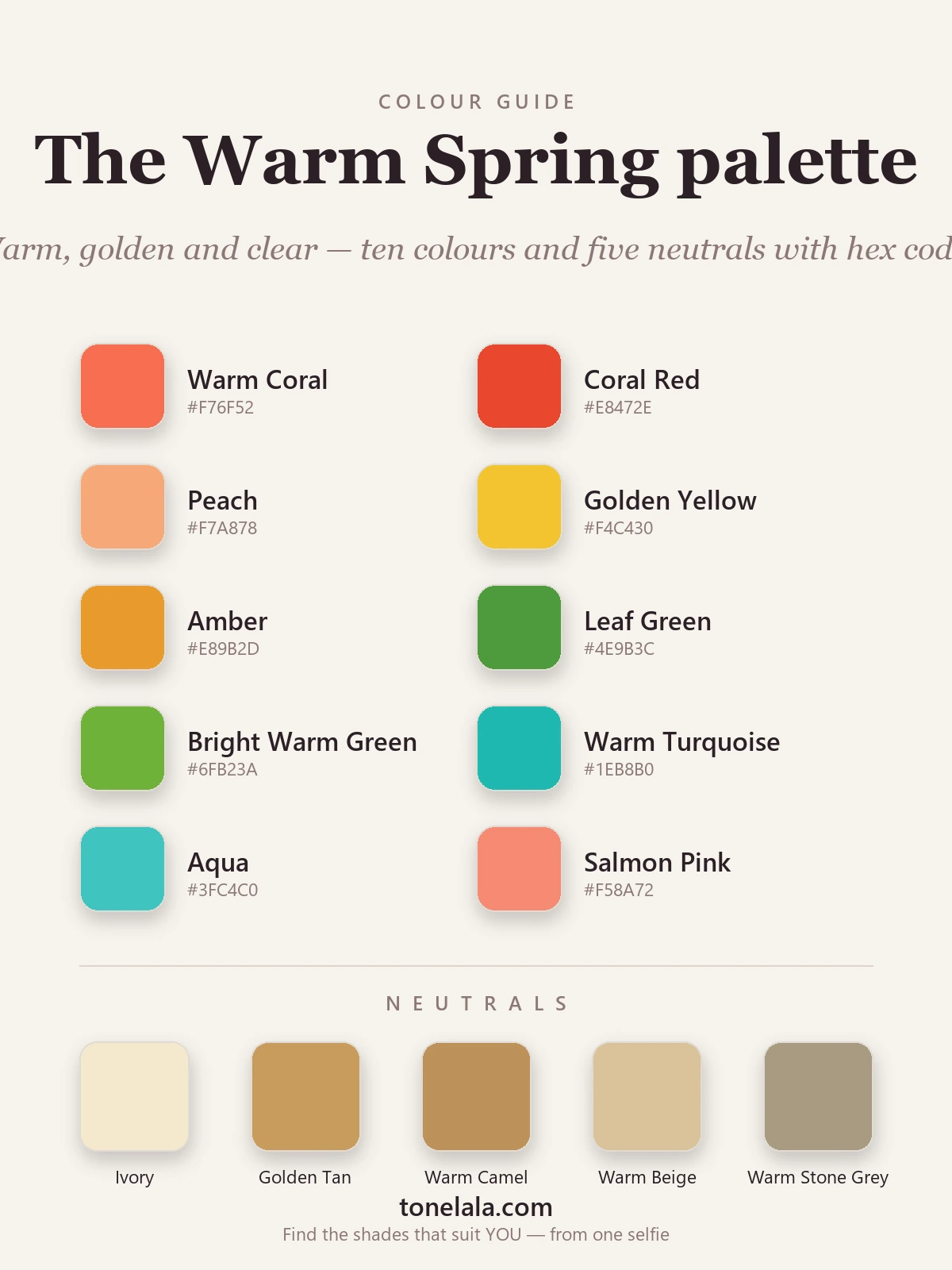 Warm Spring colour palette chart with hex codes — warm coral, golden yellow, leaf green, warm turquoise and peach, with ivory, golden tan and warm camel neutrals, by ToneLala