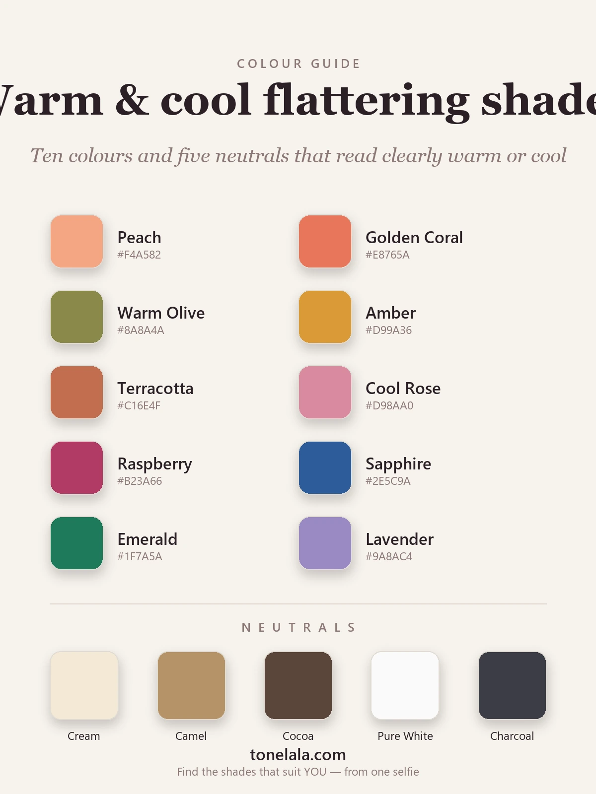 Colour palette of warm and cool flattering shades with neutrals, by ToneLala