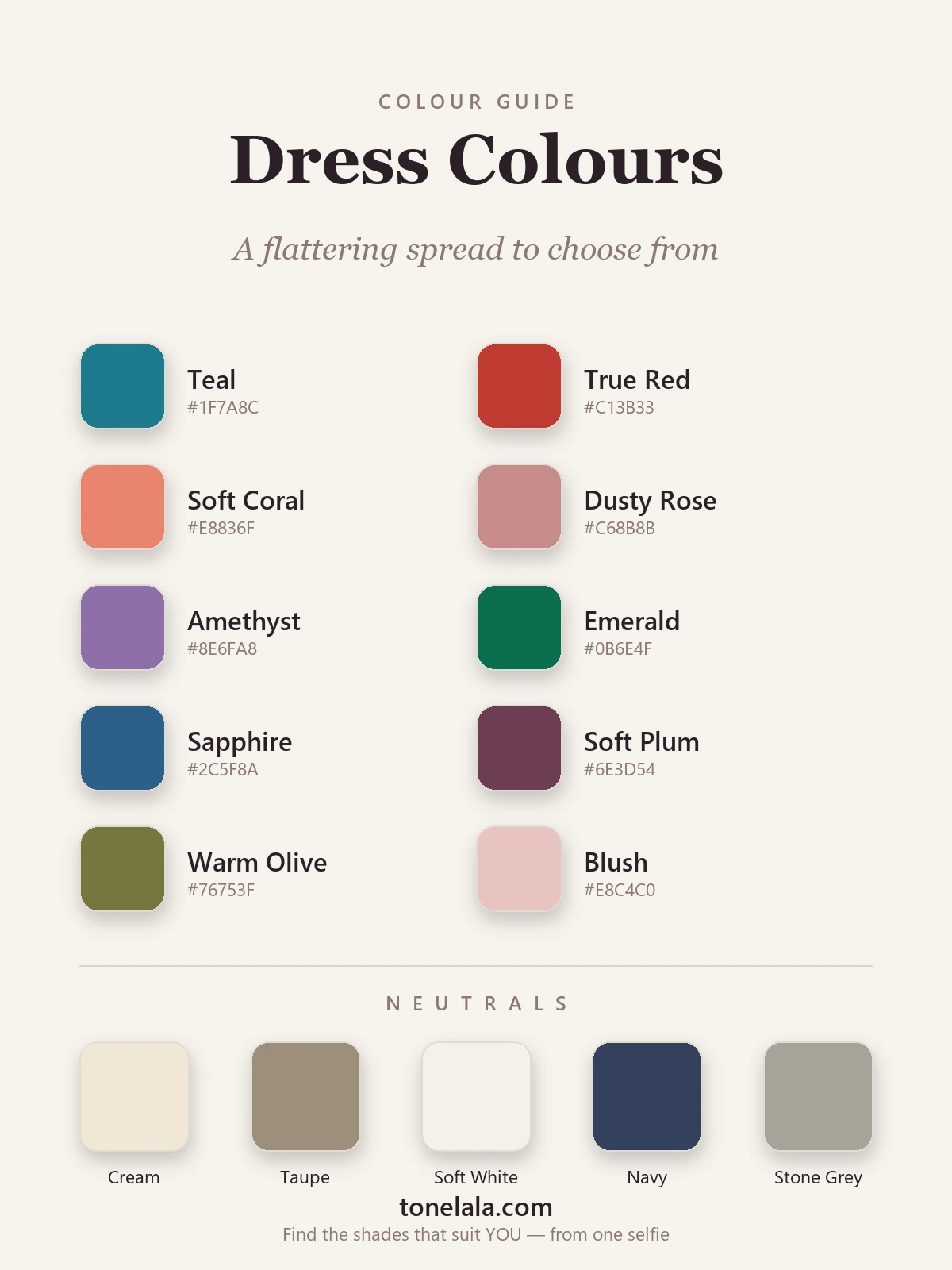 A dress colour palette with hex codes — teal, true red, soft coral, dusty rose, amethyst, emerald, sapphire, soft plum, warm olive and blush, plus cream, taupe, soft white, navy and stone neutrals, by ToneLala