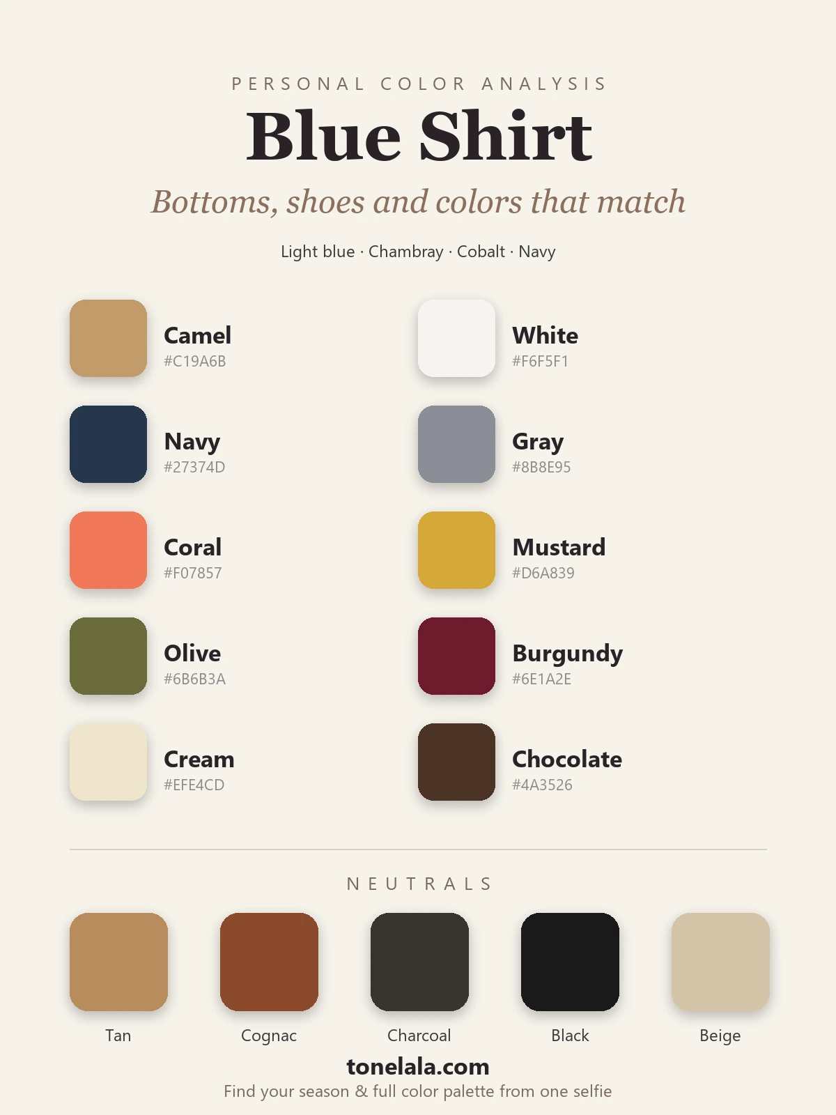 Color palette of what goes with a blue shirt, with hex codes, camel, white, navy, gray, coral, mustard, olive, burgundy, cream and chocolate, plus tan, cognac, charcoal, black and beige neutrals, by ToneLala