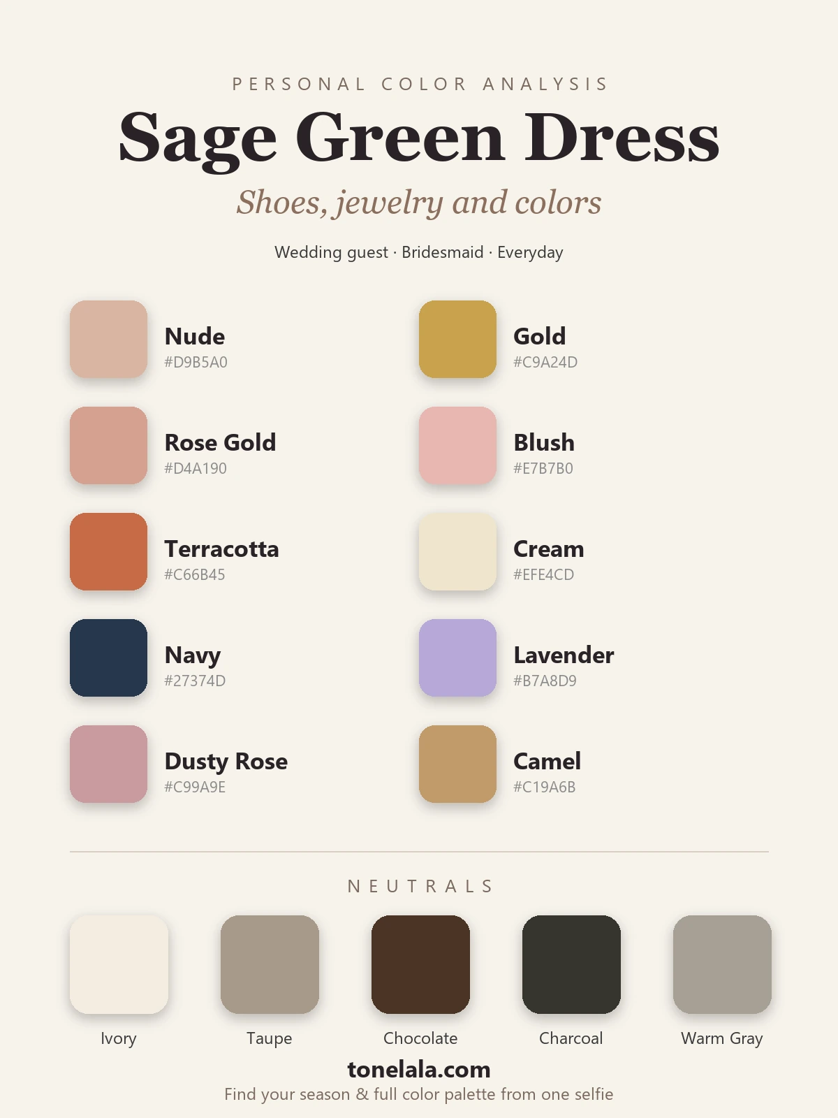 Color palette of what goes with a sage green dress, with hex codes, nude, gold, rose gold, blush, terracotta, cream, navy, lavender, dusty rose and camel, plus ivory, taupe, chocolate, charcoal and warm gray neutrals, by ToneLala