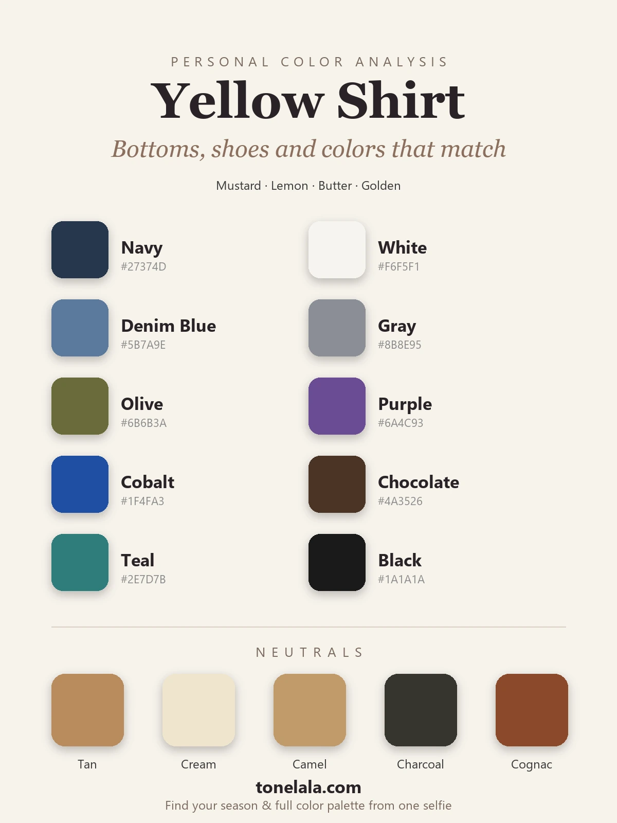 Color palette of what goes with a yellow shirt, with hex codes, navy, white, denim blue, gray, olive, purple, cobalt, chocolate, teal and black, plus tan, cream, camel, charcoal and cognac neutrals, by ToneLala