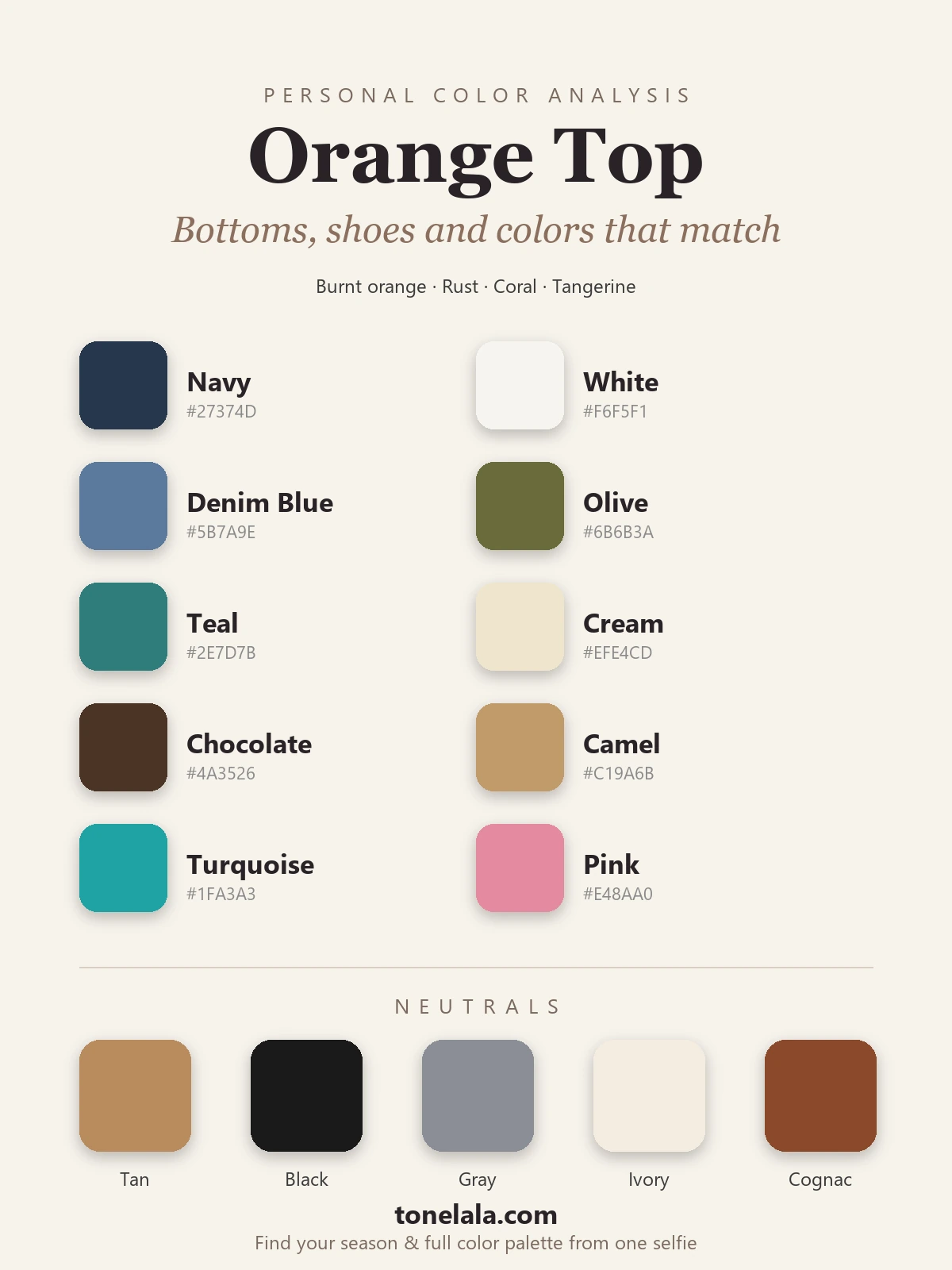 Color palette of what goes with an orange top, with hex codes, navy, white, denim blue, olive, teal, cream, chocolate, camel, turquoise and pink, plus tan, black, gray, ivory and cognac neutrals, by ToneLala
