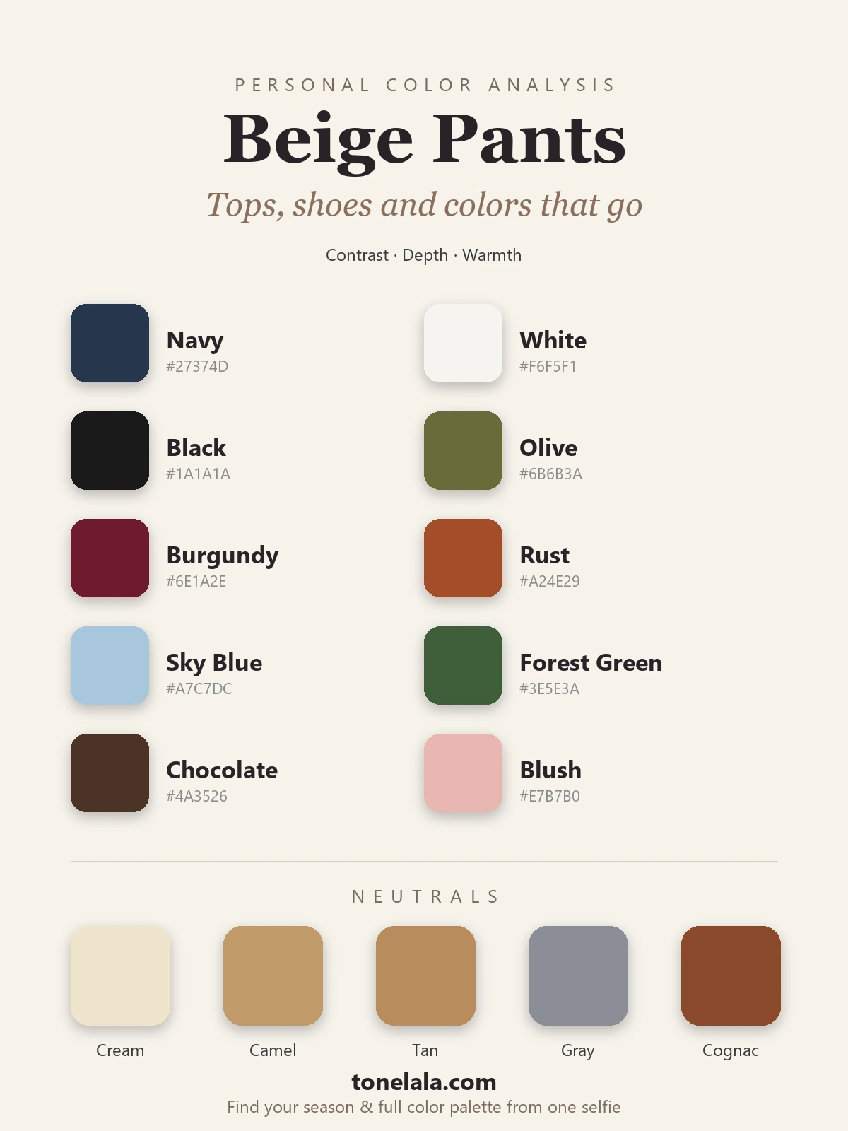 Color palette of what goes with beige pants, with hex codes, navy, white, black, olive, burgundy, rust, sky blue, forest green, chocolate and blush, plus cream, camel, tan, gray and cognac neutrals, by ToneLala