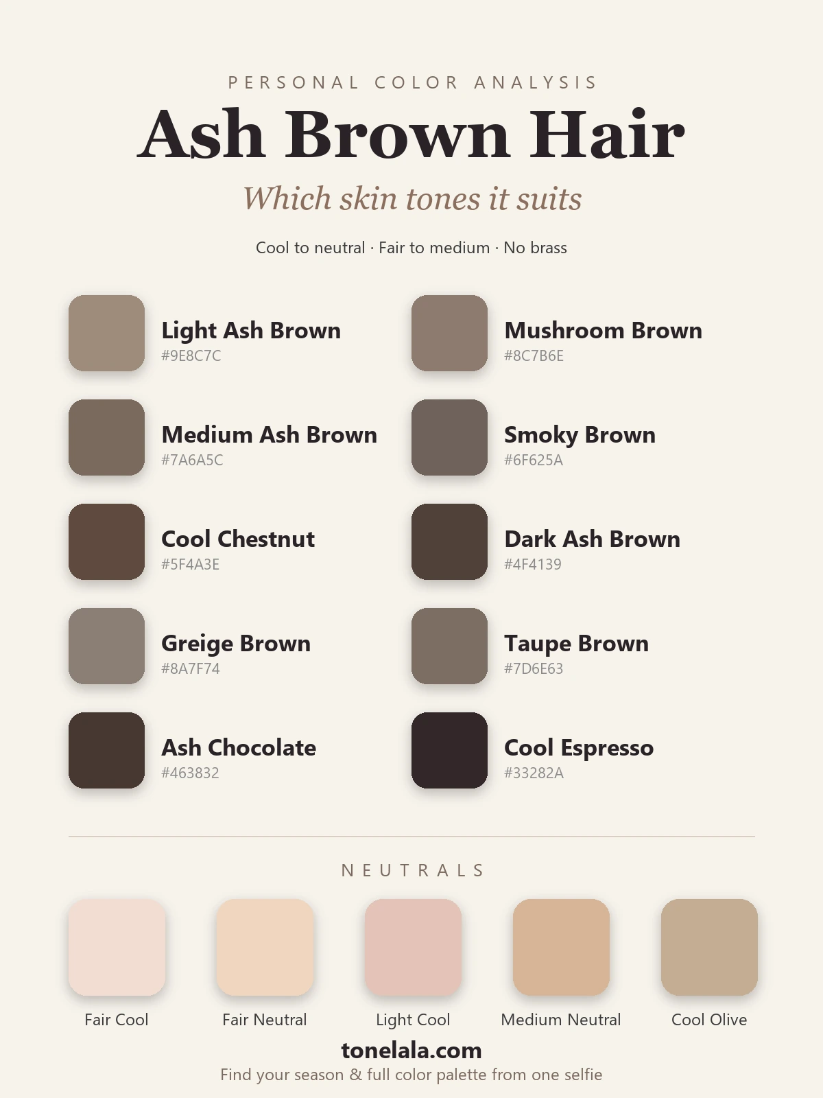Ash brown hair color chart with hex codes, light ash brown, mushroom brown, medium ash brown, smoky brown, cool chestnut, dark ash brown, greige brown, taupe brown, ash chocolate and cool espresso, with the skin tones each suits, by ToneLala