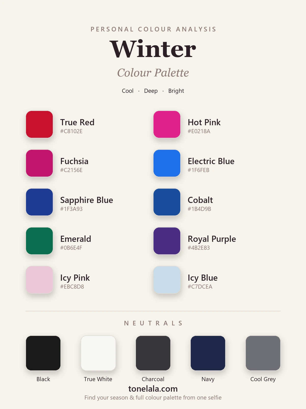 Winter colour palette chart with hex codes — true red, hot pink, electric blue, sapphire, emerald and icy pastels, with black, true white and charcoal neutrals, by ToneLala